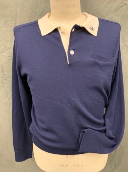 Mens, Pullover Sweater, SHIPLEY HALMOS, Navy Blue, Cream, Rayon, Viscose, Solid, Color Blocking, 38, M , POLO, L/S, Brand Monogram On Cream Collar, 2 Buttons, 1 Welt Pckt,