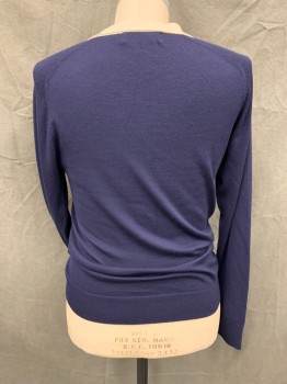 Mens, Pullover Sweater, SHIPLEY HALMOS, Navy Blue, Cream, Rayon, Viscose, Solid, Color Blocking, 38, M , POLO, L/S, Brand Monogram On Cream Collar, 2 Buttons, 1 Welt Pckt,