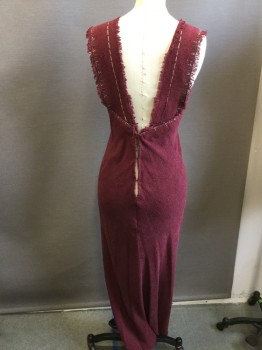 Womens, Historical Fiction Dress, MTO, Red Burgundy, Gold, Blue, Burlap, Beaded, Novelty Pattern, W28, B34, H34, Sleeveless, Freyed Trim, Square Neck, Gold & Blue Embroidered Tassels with Beaded Trim, Hook N Eye Closing Back, **one Back Strap is Longer Than the Other... Needs to Be Tacked Down