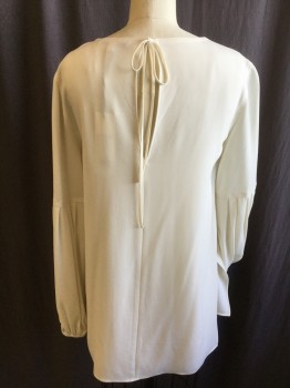 ELIZABETH & JAMES , Cream, Acetate, Polyester, Solid, Round Neck,  Key Hole Back with SelfTie, Long Sleeves (Dropped Short Sleeves with Knife Pleat, Thin Elastic Hem), Side Split with Uneven Hem