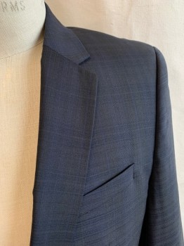 HUGO BOSS, Dk Gray, Blue, Wool, Plaid, Single Breasted, 2 Buttons, Notched Lapel, 3 Pockets, 4 Button Cuffs, 1 Back Vent