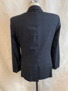 HUGO BOSS, Dk Gray, Blue, Wool, Plaid, Single Breasted, 2 Buttons, Notched Lapel, 3 Pockets, 4 Button Cuffs, 1 Back Vent