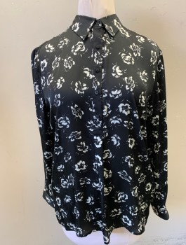 Womens, Blouse, RALPH LAUREN, Black, White, Polyester, Floral, L, Slightly Sheer Crepe De Chine, Long Sleeves, 5 Button Placket, Collar Attached
