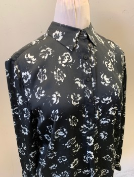 Womens, Blouse, RALPH LAUREN, Black, White, Polyester, Floral, L, Slightly Sheer Crepe De Chine, Long Sleeves, 5 Button Placket, Collar Attached