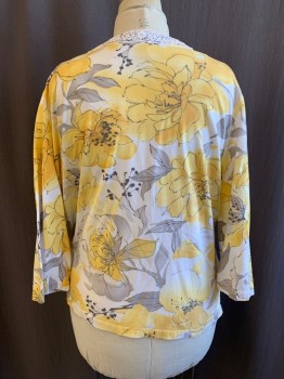 Womens, Top, ALFRED DUNNER, White, Yellow, Gray, Cotton, Spandex, Floral, 3X, Pullover, V-neck, White Crochet Trim, Long Sleeves, Clear Sequins at Center of Some Flowers