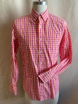 Mens, Casual Shirt, S, Orange, Pink, White, Cotton, Check , S, Button Front, Button Down Collar, 1 Pocket, Long Sleeves,