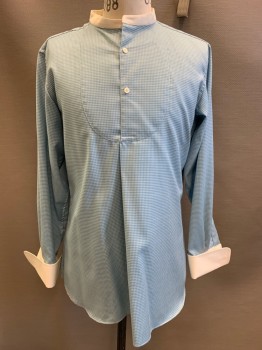 Mens, Historical Fiction Shirt, MTO, Blue, White, Cotton, Gingham, 32, 15 N, L/S, 2 Buttons, Detached Collar, Folded Cuffs