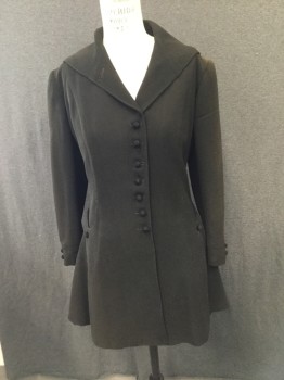 Womens, Coat 1890s-1910s, N/L, Dk Olive Grn, Wool, Solid, B:38, 3/4 Length, 7 Black Covered Buttons, 2 Curved Pockets, Sailor Collar with Button Hole at Right Lapel,  Decorative Buttons at Hem in Back, Sun Damage at Shoulders,
