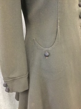 Womens, Coat 1890s-1910s, N/L, Dk Olive Grn, Wool, Solid, B:38, 3/4 Length, 7 Black Covered Buttons, 2 Curved Pockets, Sailor Collar with Button Hole at Right Lapel,  Decorative Buttons at Hem in Back, Sun Damage at Shoulders,