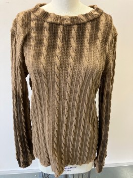 N/L, Brown, Tan Brown, Polyester, Cable Knit, Band Collar, L/S,  Aged ,