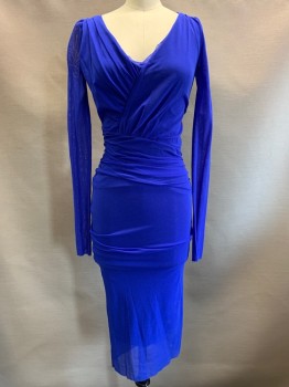 FUZZI, Royal Blue, Polyester, Solid, Sheer Long Sleeves, Stretchy, V Neck, Cross Seam Detail, Side Scrunch,