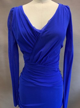 FUZZI, Royal Blue, Polyester, Solid, Sheer Long Sleeves, Stretchy, V Neck, Cross Seam Detail, Side Scrunch,