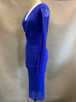 FUZZI, Royal Blue, Polyester, Solid, Sheer Long Sleeves, Stretchy, V Neck, Cross Seam Detail, Side Scrunch,