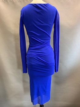 FUZZI, Royal Blue, Polyester, Solid, Sheer Long Sleeves, Stretchy, V Neck, Cross Seam Detail, Side Scrunch,