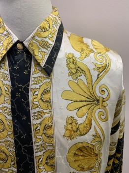 Mens, Casual Shirt, SATIN SILK, Gold, Ivory White, Black, Silk, Novelty Pattern, M, L/S, Button Front, Gold Buttons, Metallic Accents