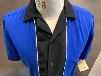 Mens, Casual Shirt, HILTON, Royal Blue, Black, White, Polyester, Rayon, Color Blocking, S, S/S, Button Front, C.A., Bowling Shirt