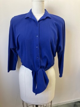 Womens, Top, SAINT GERMAIN, Blue, Poly/Cotton, Solid, B:38, M, Tie Waist Top, C.A., B.F., Shoulder Pads, Dolman Long Sleeves, Back Gathers Into Band At Waist