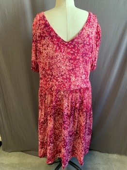 Womens, Dress, Short Sleeve, WOMAN WITHIN, Magenta Pink, Plum Purple, Dusty Pink, Off White, Rayon, Floral, 4X, 34W, V-neck, V-Back, Button Front, Short Sleeves, Crinkle Pleats, Hem Below Knee