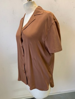 Womens, Blouse, BABATON, Brown, Silk, Solid, XXS, S/S, Button Front, Camp Shirt