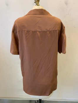 Womens, Blouse, BABATON, Brown, Silk, Solid, XXS, S/S, Button Front, Camp Shirt