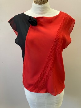 LE BONNE, Red, Black, Polyester, Color Blocking, Round Neck, Cap Sleeves, Pleated Diagona Detail, Black 3D Flower On Neckline