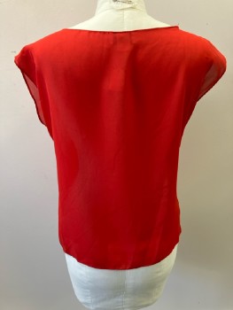 LE BONNE, Red, Black, Polyester, Color Blocking, Round Neck, Cap Sleeves, Pleated Diagona Detail, Black 3D Flower On Neckline