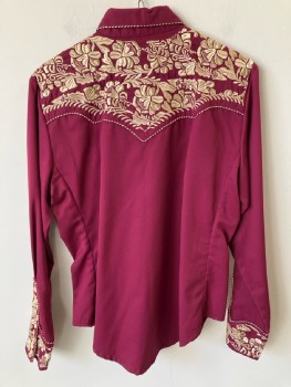 SCULLY, Red Burgundy, Gold, Rayon, Polyester, Solid, Floral, C.A., Sn/f, L/S, Gold Embroidered Yoke And Cuffs, Braided 2 Tone Piping