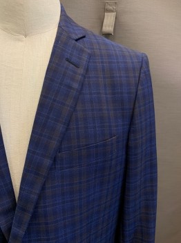 Mens, Sportcoat/Blazer, BROOKS BROTHERS, Navy Blue, Dk Brown, Dk Blue, Wool, Plaid, 42R, L/S, 2 Buttons, Single Breasted, Notched Lapel, 3 Pockets