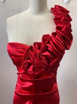 Womens, Evening Gown, BLONDIE, Red, Polyester, Spandex, Solid, W24, B34, H34, 1 Shoulder with Ruffle Rosettes, Mermaid,