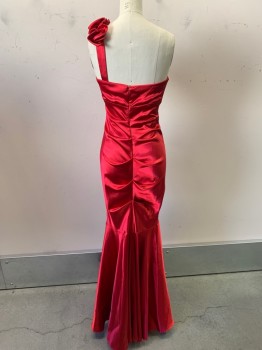 Womens, Evening Gown, BLONDIE, Red, Polyester, Spandex, Solid, W24, B34, H34, 1 Shoulder with Ruffle Rosettes, Mermaid,