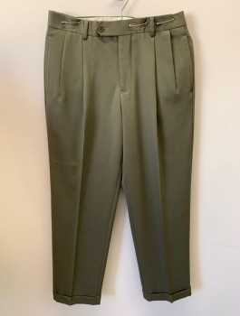 Mens, Slacks, BROOKS BROTHERS, Dk Olive Grn, Wool, Solid, 30/30, Zip Front, Button Closure, Pleated Front, 4 Pockets, Cuffed, Creased