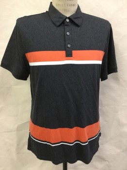 CALVIN KLEIN, Champagne, Orange, White, Cotton, Stripes - Horizontal , 3 Buttons,  Short Sleeves, Band Stripes Printed on Front Only, Doubles,