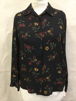 JONES NY, Black, Red, Multi-color, Olive Green, Silk, Floral, Button Front, Collar Attached, Long Sleeves with Button Cuffs, Crepe
