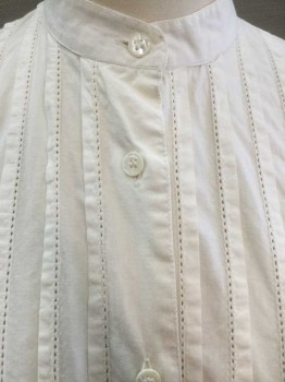 RAIMENT FASHIONS INC, White, Cotton, Solid, Long Sleeve Button Front, Band Collar, Bib Panel With Vertical Pleats And Threadwork Stripes At Front, French Cuffs with 4 Button Holes (2 If Folded), Historical Inspired