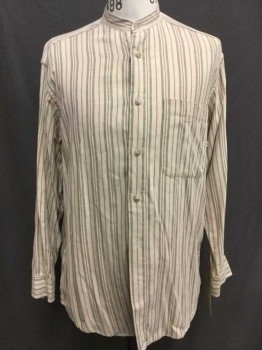 Claiborne, Beige, Maroon Red, Black, Cotton, Stripes, Beige with Maroon & Green Stripes, Button Front, Collar Band, 1 Pocket, Long Sleeves, Has Hole Right Front See Detail Photo, Old West 1600-1900s, and 1980s Vintage, Aged/Distressed,