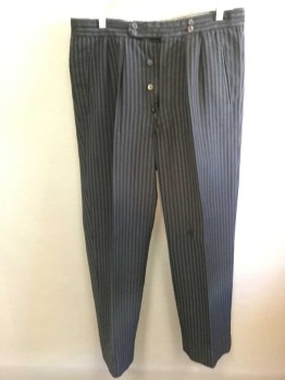 N/L, Black, Dk Gray, Cotton, Stripes, Herringbone, Doubled Pleated Front, Button Fly,  Button Tab Waist, Suspender Buttons