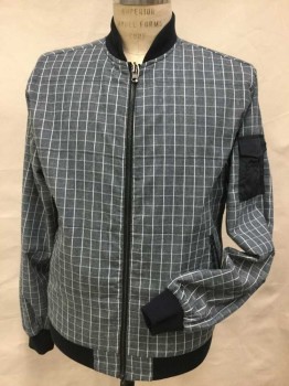 Mens, Casual Jacket, SOVEREIGN CODE, Lt Blue, White, Gray, Navy Blue, Polyester, Cotton, Plaid-  Windowpane, M, Heather Light Blue W/white & Gray Windowpane Plaid, Navy Pocket & Trim, Navy Ribbed Knit Collar Attached, Long Sleeves Cuffs and Hem, Zip Front,