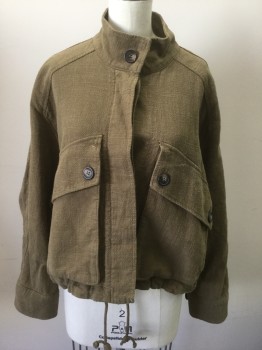 Womens, Casual Jacket, ZARA, Brown, Linen, Cotton, Solid, S, Textured Linen Blend, Hidden Button Closures at Front, Stand Collar, 2 Large Chest Pockets with Button Flap Closures, Cropped Length, Boxy Fit, Drawstring at Inside Waist, No Lining