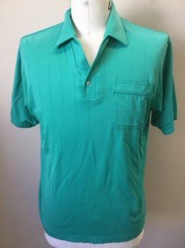 DI MINZONI, Teal Green, Cotton, Polyester, Solid, Geometric, Teal Green with Self Square Print, Collar Attached, 1 Button Front, 1 Pocket, Short Sleeves,