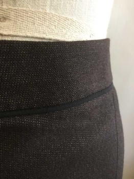 Womens, Skirt, Knee Length, CLASSIQUES ENTIER, Dk Brown, Lt Gray, Wool, Cotton, Birds Eye Weave, 6, Dark Brown with Light Gray Flecked Weave, Pencil Skirt, 1.5" Wide Waistband with Black Solid Trim, Invisible Zipper at Center Back, Knee Length