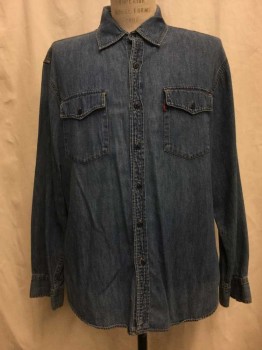Mens, Casual Shirt, LEVI'S, Denim Blue, Cotton, Solid, L, Blue Chambray, Button Front, Collar Attached, 2 Flap Pockets
