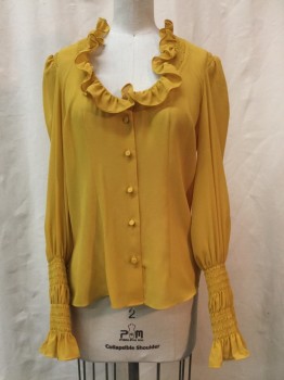 ALEXIS, Mustard Yellow, Synthetic, Solid, Sheer Mustard, Ruffle Scoop Neck, Elastic Smocking Trim, Long Sleeves, Button Front,