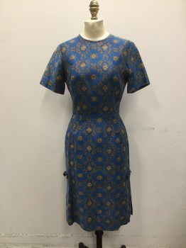 ELEGANT MISS, Blue, Goldenrod Yellow, Navy Blue, Poly/Cotton, Floral, Crew Neck, Short Sleeves, Darted Waist. Zipper Center Back, Inverted Pleats at Side Seams with Self Bow Detail