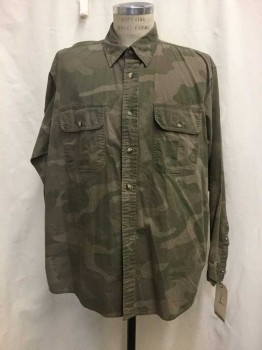 Mens, Casual Shirt, RED HEAD, Brown, Green, Cotton, Camouflage, L, Brown/ Green Camo, Button Front, Collar Attached, Long Sleeves, 2 Flap Pockets