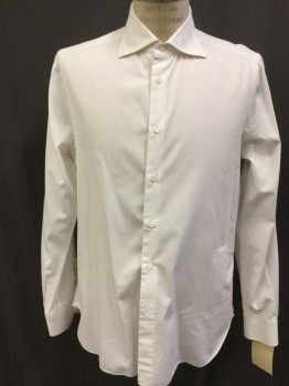 Mens, Casual Shirt, EIDOS, White, Silk, Cotton, Solid, 36, 16.5, Button Front, Long Sleeves, Collar Attached, Spread Collar