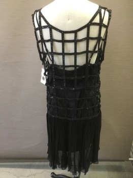 Womens, Cocktail Dress, FREE PEOPLE, Black, Viscose, Sequins, Geometric, Medium, Sleeveless, Removable Black Slip, Overdress Open Work of Sequins with Wrinkle Chiffon Skirt, Possible 1920s Flapper