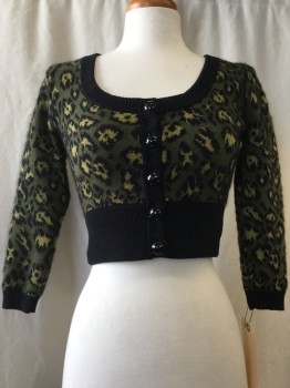 Womens, Sweater, BESTEY JOHNSON, Green, Lt Green, Black, Cotton, Synthetic, Animal Print, S, Leopard Print, Black Trim, Button Front, 3/4 Sleeve, Cropped