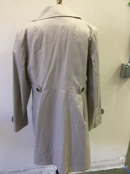 Womens, Coat, Trenchcoat, GALLERY, Beige, Cotton, Polyester, Solid, L, Button Front, Notched Lapel, Slit Pockets, Side Tabs, Pleated Front