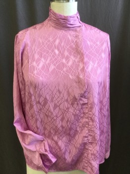 PIERRE CARDON BOUTIQ, Dusty Pink, Polyester, Abstract , Gathered Mock Neck with 2 Self Cover Buttons, 3 Hidden Button Front Off Side, Long Sleeves, (missing 1 Cover Button on Left Cuff)