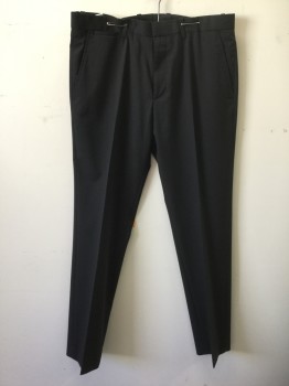 THEORY, Black, Wool, Lycra, Solid, Flat Front, Zip Fly, 5 Pockets Including 1 Watch Pocket, Belt Loops, Slim Straight Leg